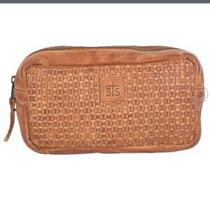 NEW STS Ranchwear Leather Sweet Grass Woven Cosmetic Bag Makeup Case Purse NWT